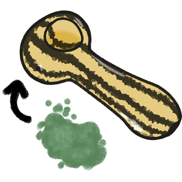 first image a yellow and black striped round marijuana pipe with the bowl full of ground weed. there is a pile of ground weed beneath it with a black arrow pointing to the bowl.